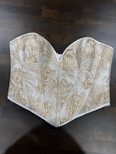 Women s White/Gold Floral Strapless Overbust Lace-Up Corset Bustier Top S