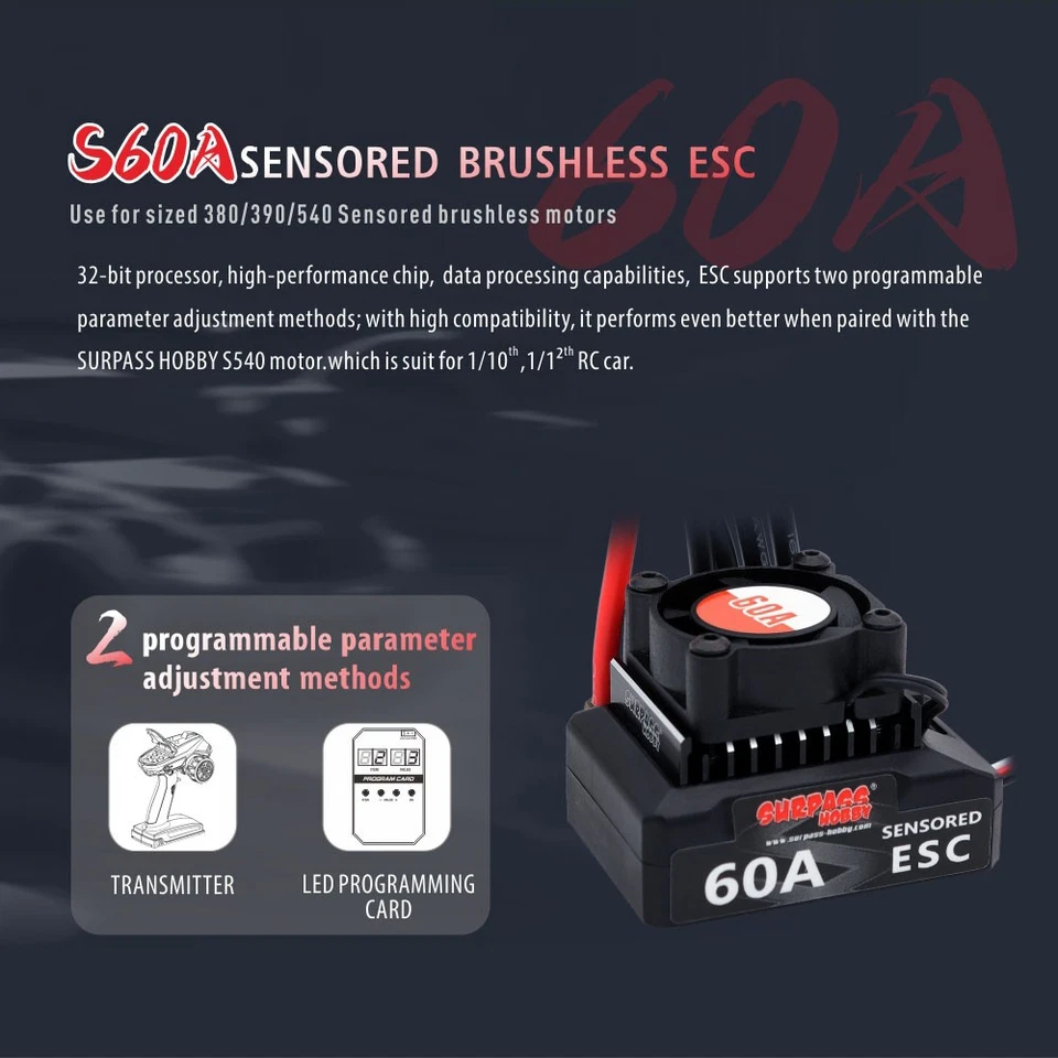 SURPASSHOBBY Brushless 60A Sensored Brushless ESC 6V/3A BEC For 1/10 1/12 RC Car - Image 3 of 4
