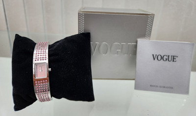 VOGUE LADIES BANGLE WATCH WITH PINK CRYSTALS, FITTED WITH NEW BATTERY (K12