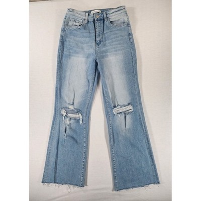 Flying Monkey Distressed Flare Womens 28 Light Wash High Rise Raw Hem Denim Jean