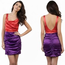 Express Dress Size 8 Coral Purple Ruched V-Back Sleeveless Colorblock Stretch