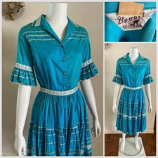 1950s 2 Pc Bogart of Texas Western Patio Fiesta Dress Ric Rac Circle Skirt VTG