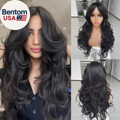 Long Wavy Brown Layered Wig with Curtain Bangs for Black Women,Synthetic Layered