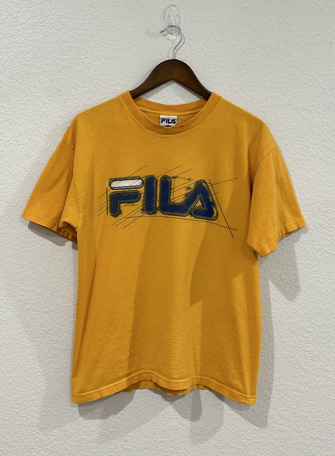 Camicia Fila VINTAGE Adulto Medio Arancione Manica Corta Grafica Logo Maglietta Uomo anni '90