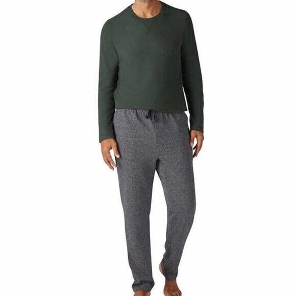 Eddie Bauer Mens Thermal Shirt and Fleece Pants Lounge 2-Pk Set, Green/Gray, XL