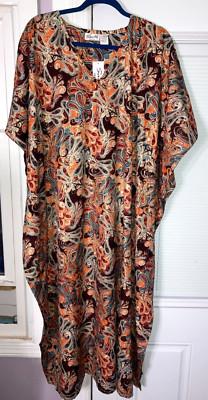 NWT SANTE MUMU 1X 2X 3X KAFTAN CAFTAN HOUSE DRESS BLUE ORANGE BROWN GOLD ACCENTS