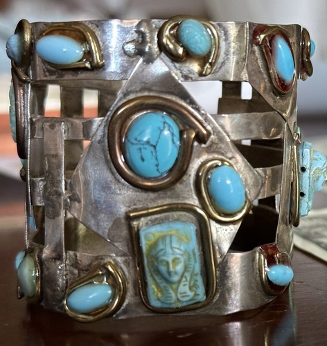 Unmarked Silver Scarab Turquoise Cuff Bracelet 2-1/8"-wide Handmade - Picture 2 of 11