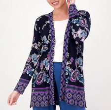 Susan Graver Regular Size 2X Navy Teal Printed Liquid Knit Long Sleeve Cardigan