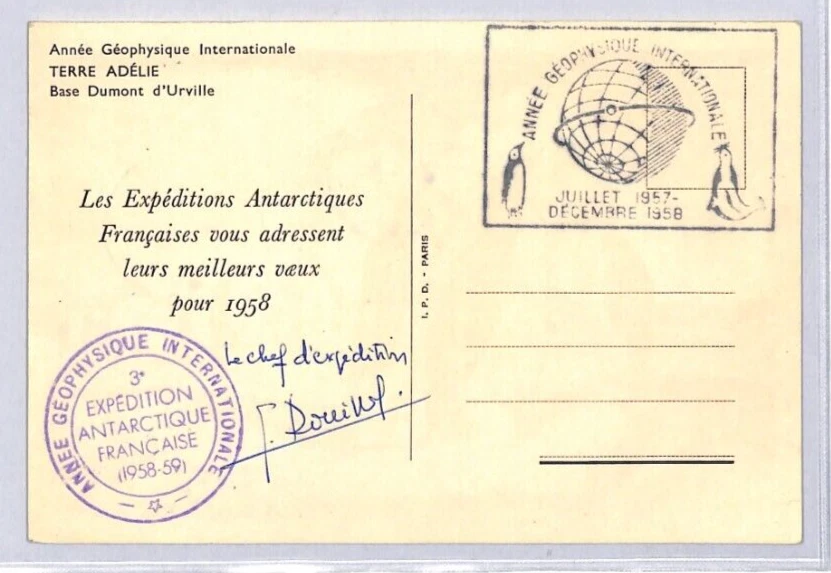 FRENCH ANTARCTICA TAAF Card PENGUINS 100f Stamp 1958 SIGNED Chef Expedition YF41 - Image 3 of 4