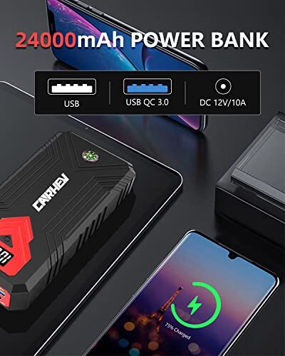 CARHEV 7000 A starthulp powerbank voor auto's, 12 V auto starthulp powerbank (tot 10,0 l benzine of 10,0 l diesel), auto starter powerbank met QC 3.0 USB-uitgangen, accu jumpstarter met led