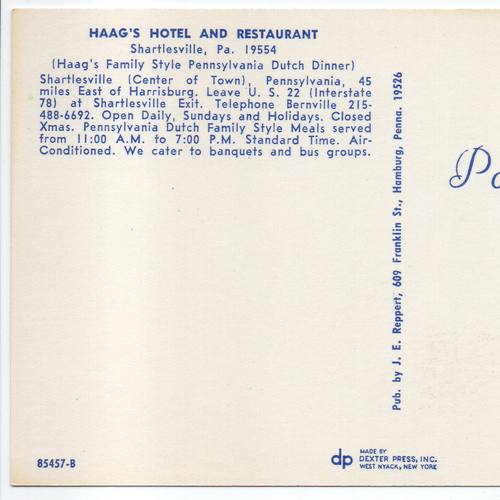 Haag's Hotel Restaurant Pennsylvania Dutch Dinner Shartlesville PA 1964 Postcard - Bild 7 von 9