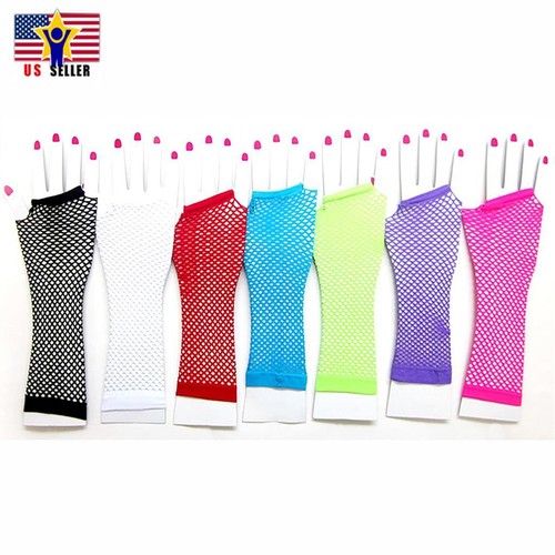 Neon Tone Fishnet Fingerless Elbow Sleeves Gloves Punk Fashion Costume 80s Style - Picture 2 of 13