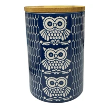 Now Designs Royal Blue Owls Jar Canister Wooden Lid Silicone Seal NWOT Large