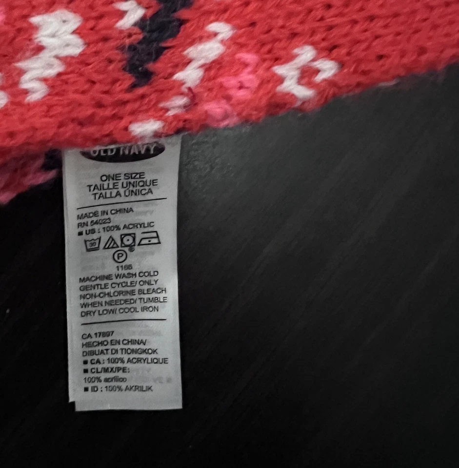 Antiguo conjunto de gorro y bufanda tejido Fair Isle azul marino niño pequeño mediano rojo lama Foto 4 de 4