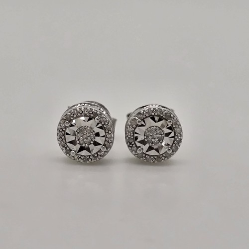 925 STERLING SILVER ROUND GENUINE DIAMOND HALO STUD EARRINGS BEAUTIFUL - Picture 3 of 10