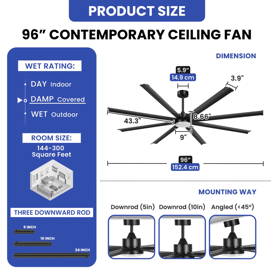 Ventilador de techo industrial comercial 96" con luz y control remoto reversible motor silencioso Foto 3 de 4