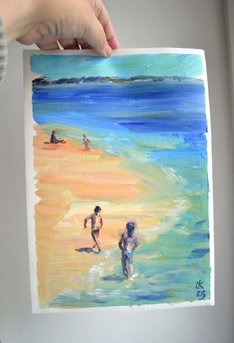 Pintura de playa al óleo original paisaje marino costero impresionismo pintado a mano - Imagen 5 de 6