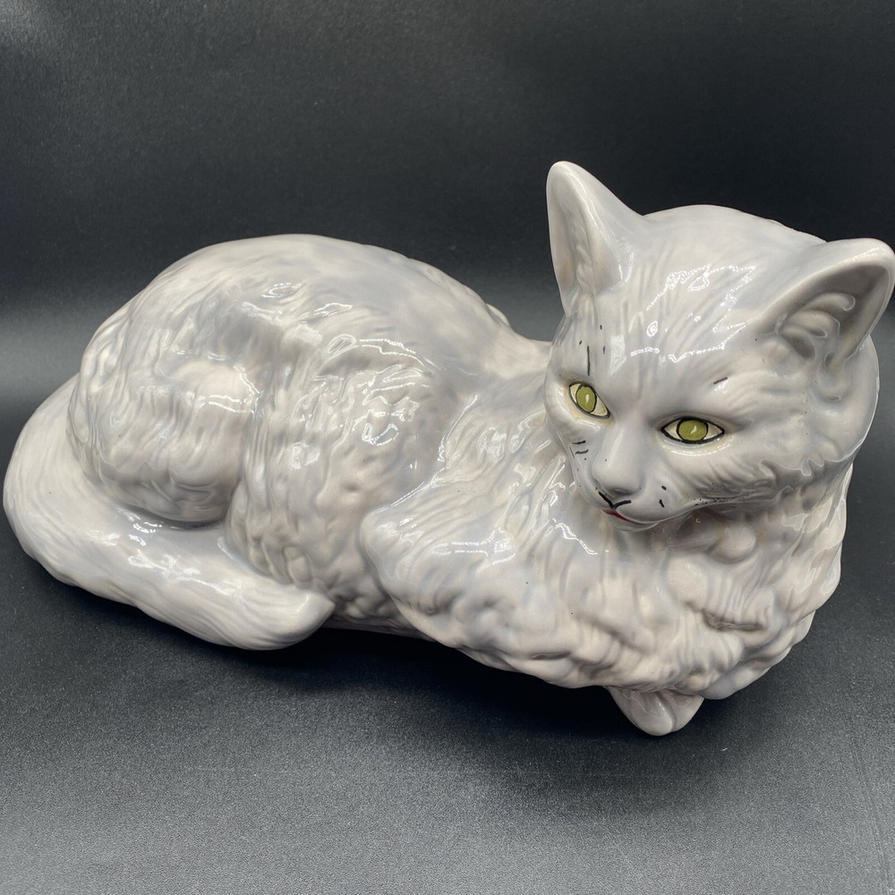 Vintage Ceramic Persian Cat Statue Gray Green Eyes Laying Down Mid Century ‘73