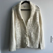 Vtg Coldwater Creek  White Wool Angora Cardigan Sweater Grannycore Classic XL