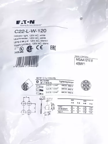 EATON C22-L-W-120 WHITE 120V INDICATOR LIGHT - 4 AVAILABLE