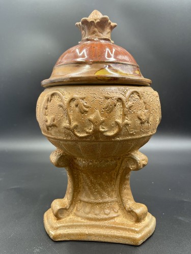 Vintage Urn Vase Jar Amber Iron Colored Stone with Glazed Lid Home Decor - Picture 2 of 7