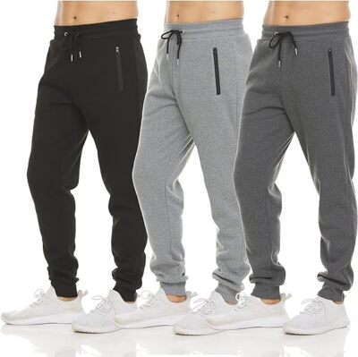 3 PACK: Men's Fleece Lined Slim Fit Casual Tech Jogger Sweatpants Zipper Pockets