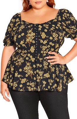 City Chic Womens Plus Size Small 16 Quirky Corset Peplum Blouse Golden Posy 1514