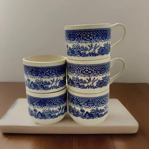 5 - Vintage Blue Willow Ware Pottery Coffee Cups - Stackable Mugs - Made In USA