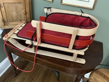 L.L. Bean Kids Children Wood Pull Sled and Red Cushion Set Toboggan
