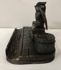 Large Antique BLACK FOREST HANDCARVED OWL INKWELL Wood Carving w 2 Inkwells RARE — photo 7