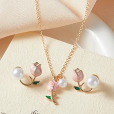 Trendy Fashion Pink Tulip Necklace Earrings Women's Set Party Sweet Simple