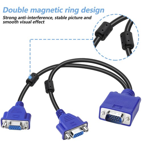 Dual VGA Splitter Cable 1 Male to 2 Female Monitor Adapter Y-Cord for Screen - Picture 3 of 7