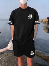 Mens Sweatsuit Short Sleeve T Shirts Shorts Set Summer Outfit 2-Piece Set Unisex