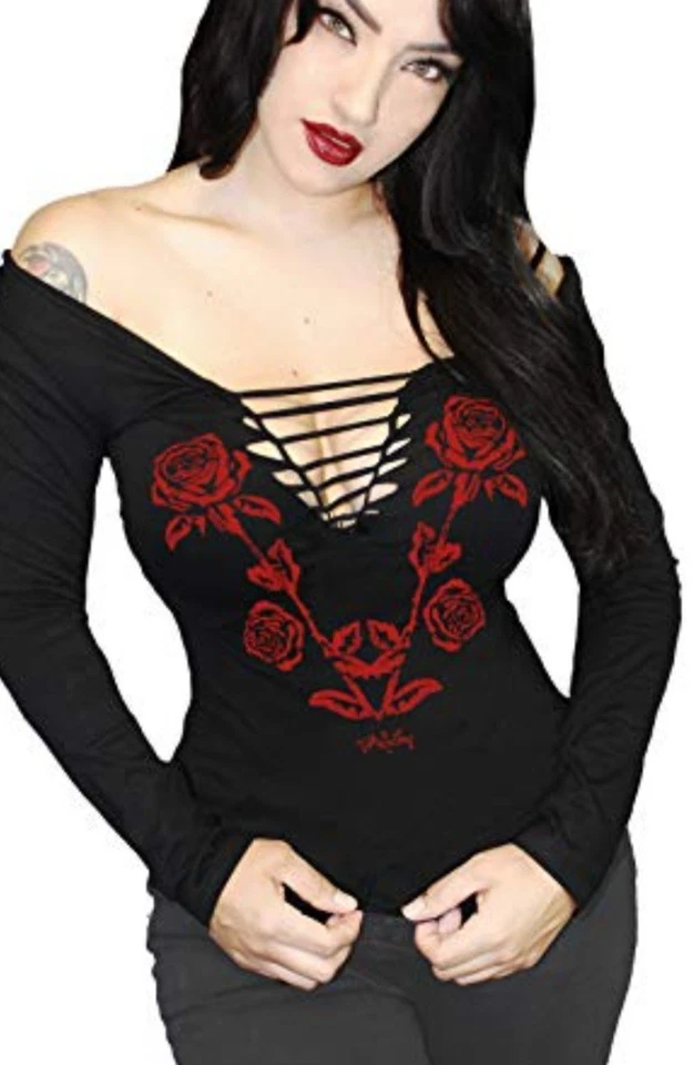 Demi Loon Rose Graphic Punk Slashed Cut-out Tattoo L/s Biker Top tamanho pequeno - Imagem 2 de 4
