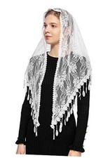 Shiny Triangle Floral Lace Catholic Church Veil Latin Mass Head Covering White