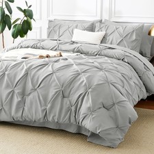 King Size Comforter Set Light Grey, 7 Pieces Pintuck Bed in A Bag Gray Comforter