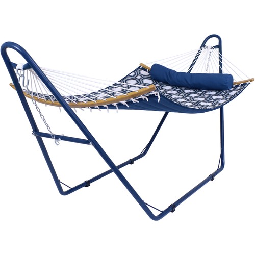 2-Person Quilted Fabric Hammock with Blue Steel Stand - Navy/Gray by Sunnydaze - Picture 2 of 6