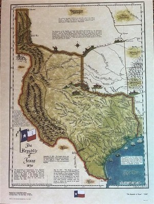 Republic of Texas Historical 1836 Map w Flag, Old, Indians