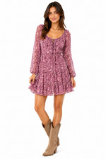 NEW Forever 21 Pink Berry Floral Cutout LS Cottagecore Open Back Mini Dress Sz L