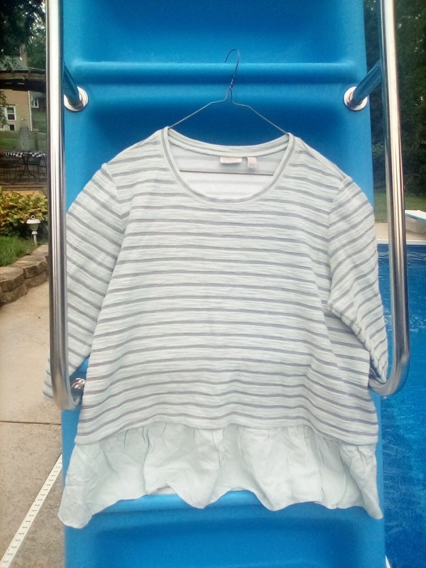 Logo by Lori Goldstein mint green & gray Stripe 3/4 sleeve top Flounce hem XL