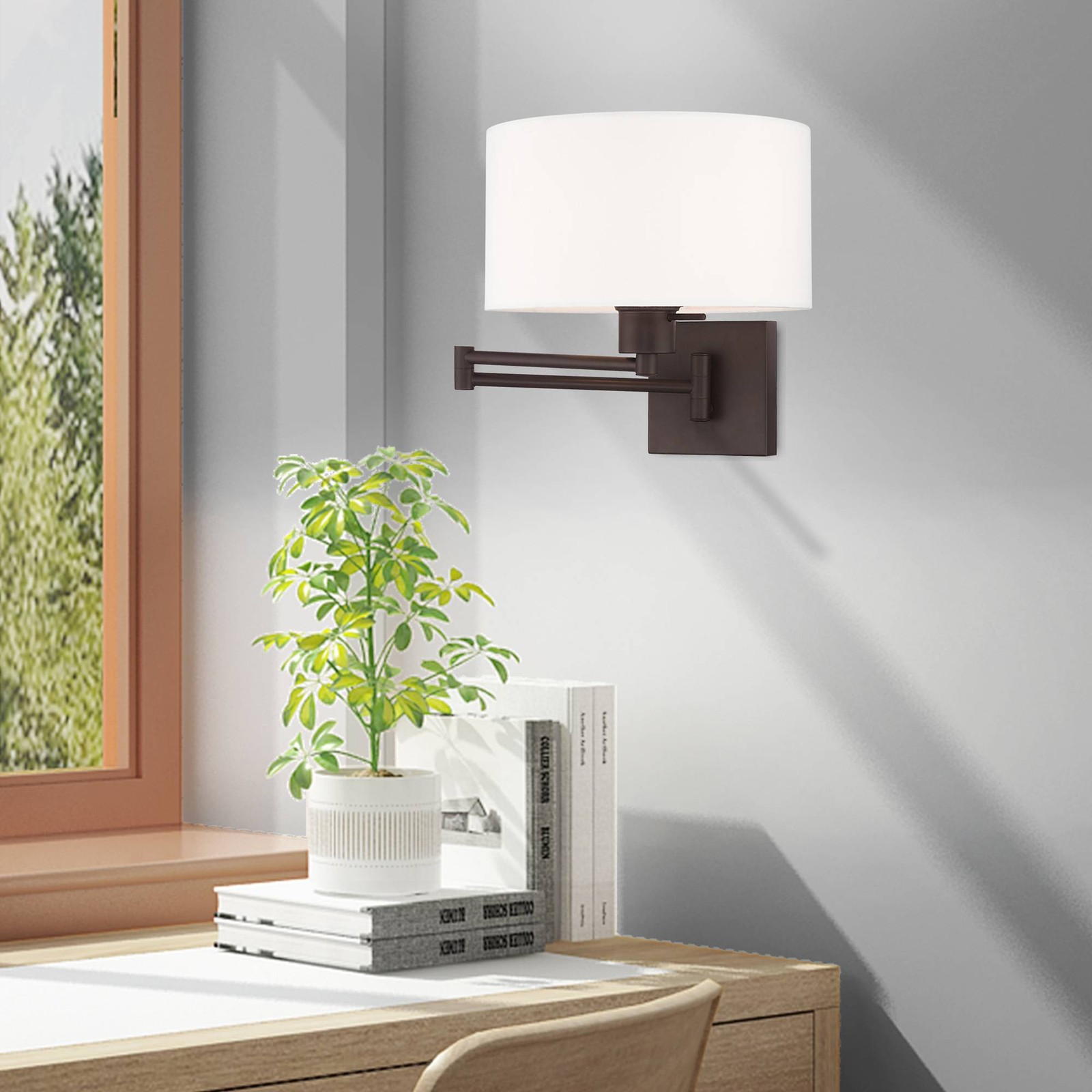 Bronze Swing Arm Wall Lamp with Off-White Fabric Drum Shade thumbnail 9