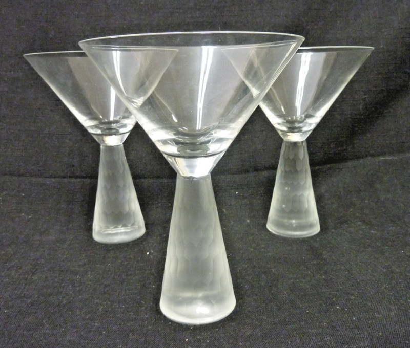 SET OF 3 ARTLAND PRESCOTT CRYSTAL MARTINI WINE GLASSES FROSTED HONEYCOMB STEM