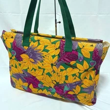 Hermes Botanical Bird Motif Canvas Tote Bag Multicolor Parrot Print Shoulder