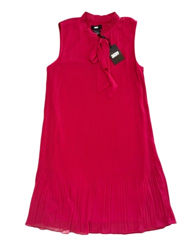 NWT DKNY Sleeveless Tie Neck Pleated Shift Dress Ruby Red Size 10 NEW $139 - Picture 3 of 11