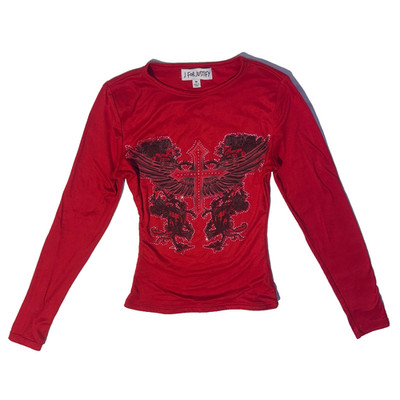 J For Justify Red Y2K Rhinestone Angel Wing Cross Slim Pullover Top M Thorn Rose