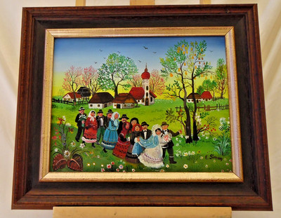 Naive Malerei Hochzeit Hochzeitsumzug Vintage sign. E. Simon