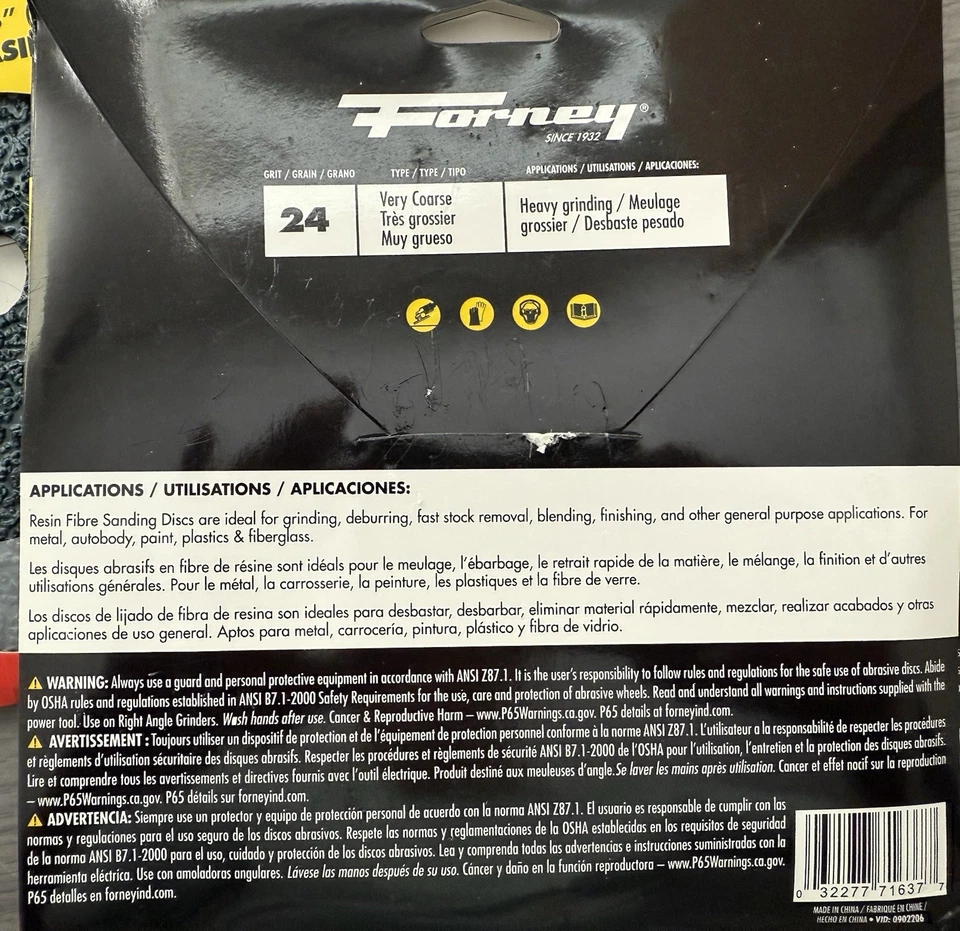 (3) - 3 Pack Forney 24 Grit Sanding Discs 7” 8500 RPM Max - 9 Total Brand New! - Image 3 of 3