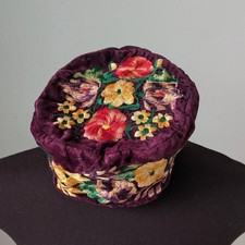 Vintage floral embroidered velour pillbox hat / Victorian smoking cap