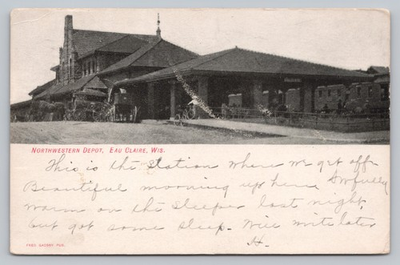 #ad Eau Claire WI Northwestern Train Depot Station Horse Buggy Bicycles Postcard N $10.97