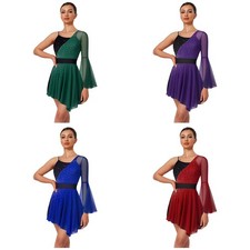 US Women's Shiny Rhinestones One Flare Sleeve Figure Skating Dress Dance Costume